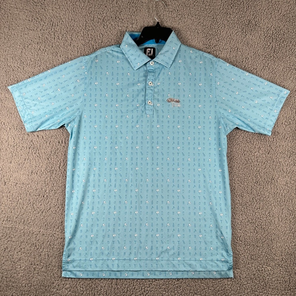 FootJoy Polo Shirt Mens M Light Blue 19th Hole Drinks Print Torrey Pines